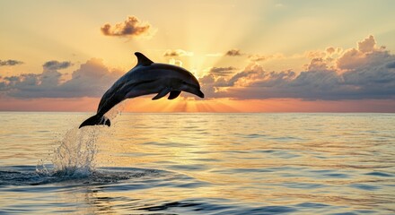 Dolphin leaping out of ocean at sunset with beautiful clouds