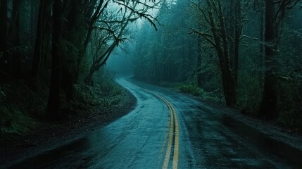 Obraz premium Foggy rain forest road winding through trees. Possible stock use nature, adventure