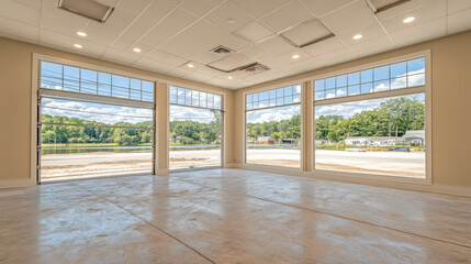 Spacious, freshly cleaned area with large windows offering view of lake and surrounding greenery, creating serene atmosphere