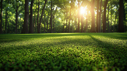 Obraz premium serene forest scene with lush green grass illuminated by sunlight filtering through tall trees, creating peaceful atmosphere