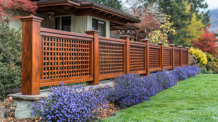 Stunning wooden garden fence showcases craftsmanship in beautiful outdoor setting, surrounded by vibrant flowers and greenery