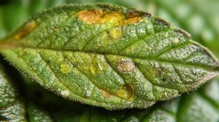 A nature close-up of a spiky-edged green leaf, adorned with dew drops