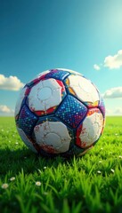 Fototapeta premium Oval ball with dynamic vector pattern design on a green field, trophy, sports