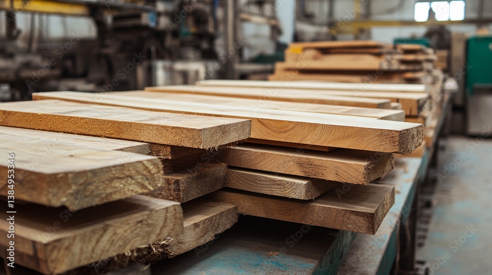 Aufkleber stack of processed lumber planks drying in woodworking factory