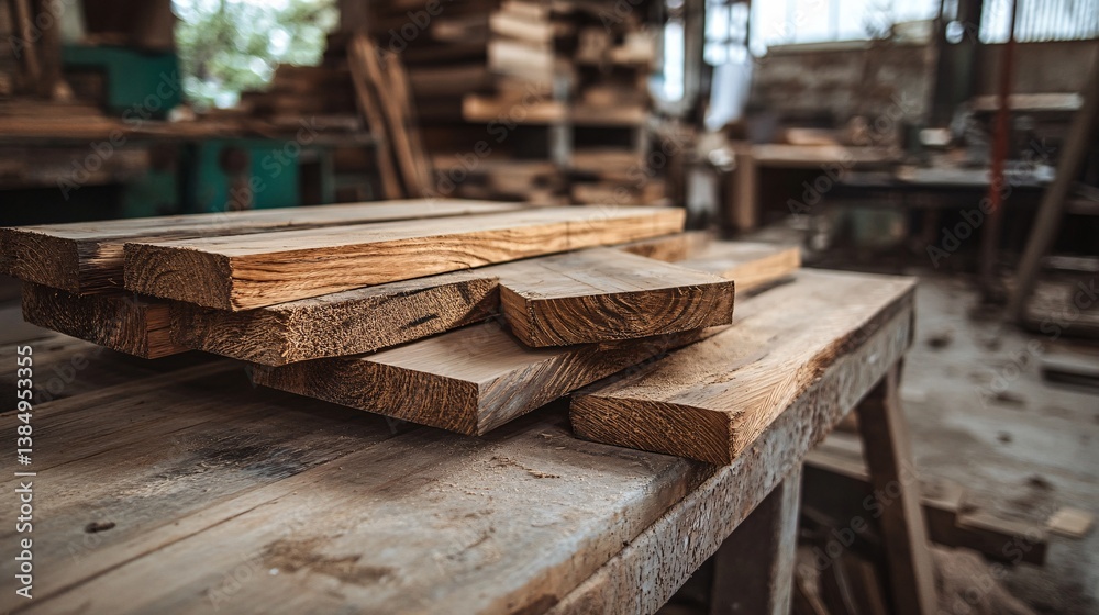 Poster pile of cut lumber resting on a workbench in a workshop