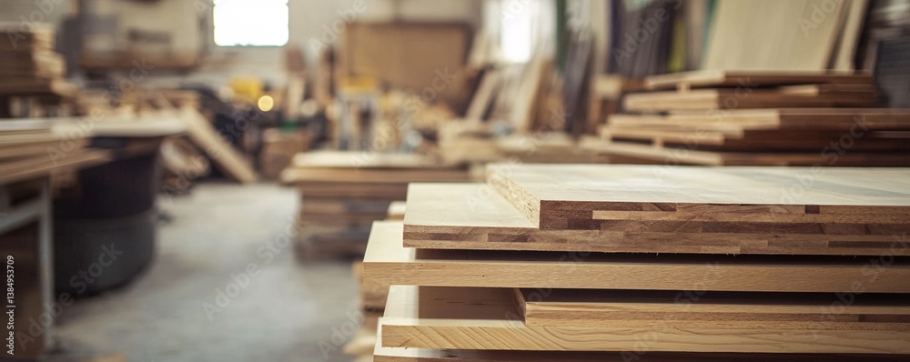 Poster stack of wood planks in a busy carpentry workshop