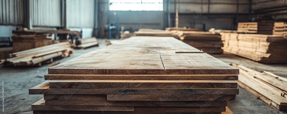 Aufkleber stack of wood planks drying in carpentry workshop