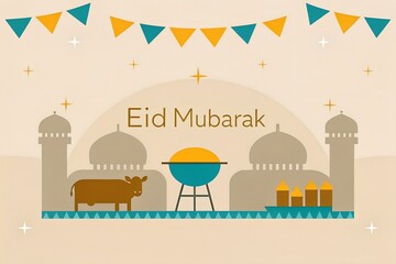 Eid Mubarak celebration featuring a festive scene with a cow, barbecue, and mosque silhouettes under a cheerful bunting; warm, simplified style.