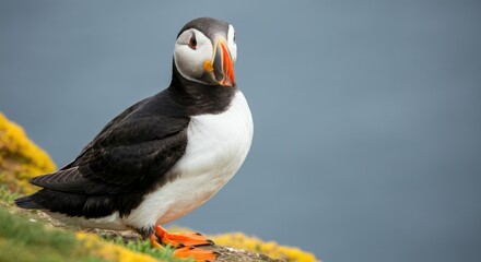 Naklejka premium Puffin with orange beak perched on rock by sea