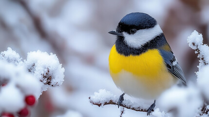 Obraz premium vibrant bird perched snowy branch, showcasing its striking yellow and black plumage against winter backdrop. scene evokes sense of tranquility