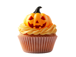 Adorable 3D Orange Pumpkin Cupcake Halloween Treat on Transparent Background