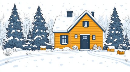 Fototapeta premium Cozy Yellow House Surrounded by Snowy Pines in Winter Wonderland Scene