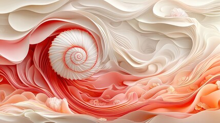 Abstract Waves of Cream and Coral with Spiral Shell in Fluid Organic Shapes and Textures