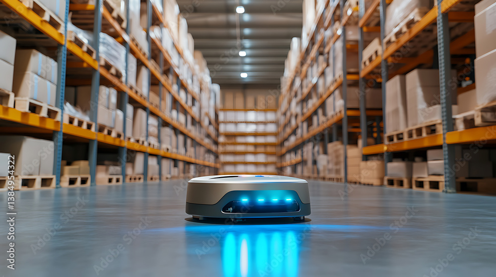 Poster an ai powered autonomous warehouse robot managing inventory, picking, and sorting items with high ef