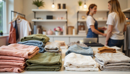 A neatly organized retail summer job setup with folded clothes and a cashier counter in a trendy store, representing employment in seasonal fashion retail  