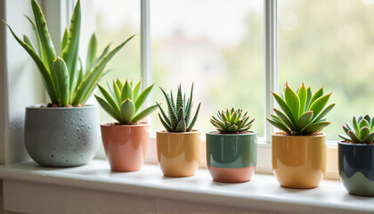 Fototapeta premium Stylish succulents in colorful pots on windowsill, urban jungle aesthetic