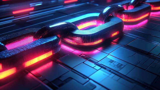 Futuristic Digital Chain Link with Neon Glow on High-Tech Background in Blue and Pink Tones