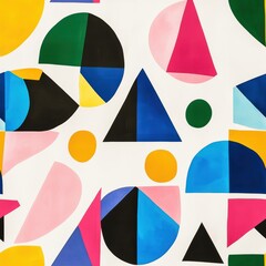 Playful Geometric Seamless Pattern with Abstract Shapes in Vibrant Colors