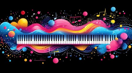 Colorful Abstract Piano with Music Notes and Waves in Vibrant Shades on Black Background