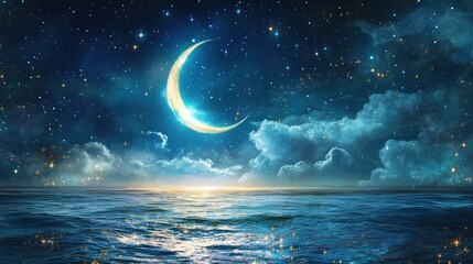 Serene Night Sky Over Calm Ocean with Bright Moon and Twinkling Stars Illuminating Peaceful Seascape at Dusk