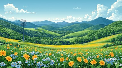 Fototapeta premium Vibrant Open Landscape with Flowers, Mountains, and Windmill Under a Bright Blue Sky
