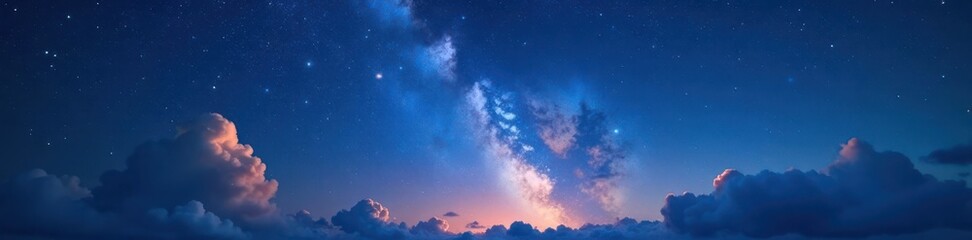 Naklejka premium Sparkling starry night sky with a few scattered clouds, night sky, twinkling