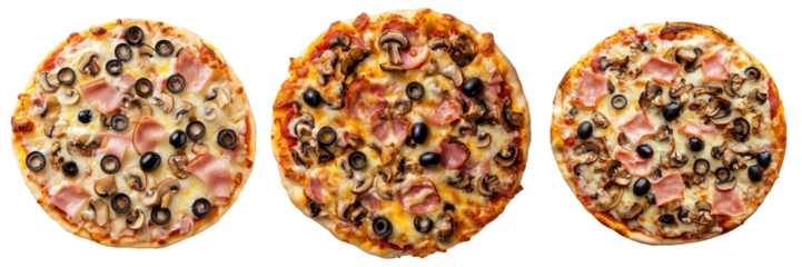 Triptych of pizza topped with ham mushrooms and black olives.