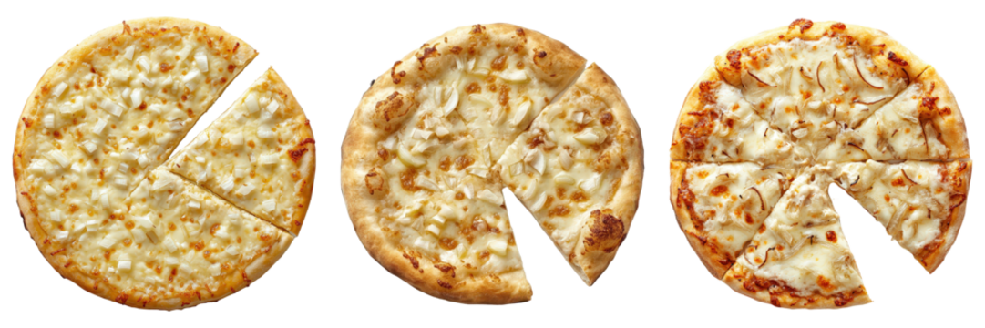 Three onion and cheese pizzas with varying levels of browning.