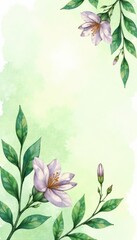 Watercolor flowers and leaves in soft green hues, foliage, green