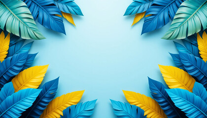 tropical leaves and palm fronds frame on a light sky blue gradient background &ndash; yellow and blue color scheme.
