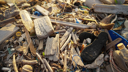 Close-up of beach pollution with driftwood, plastic bottles, and discarded flip-flop, highlighting marine debris and environmental impact