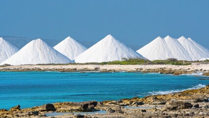 The Salty Pyramids viewed through blue sea bay, Bonaire, Caribbean Netherlands