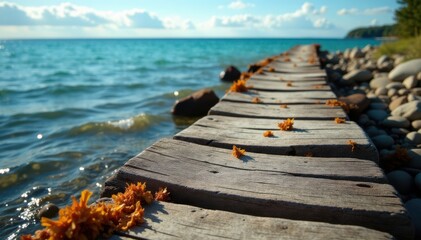 Fototapeta premium Worn wooden dock with seaweed and driftwood, weathered wood, driftwood