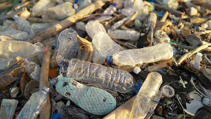 Close-up of plastic bottles and debris littering the shoreline, marine pollution and plastic waste in coastal environments
