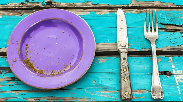 A close up of a plate knife and fork on wood