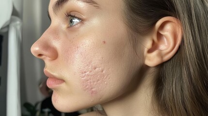 Obraz premium Young woman's profile displaying natural facial scarring, highlighting skin texture and dermatological awareness for authentic beauty representation