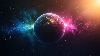 Fototapeta premium Stunning Cosmic Landscape Featuring a Vibrant Planet Surrounded by Colorful Nebulae in the Depths of Space with Twinkling Stars and a Bright Light Source