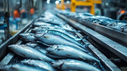 Fototapeta premium Freshly caught fish moving along conveyor belt in factory