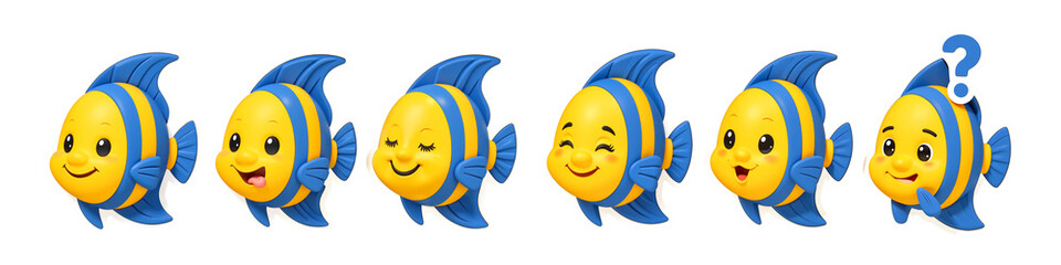 Curious Sea Creatures: A collection of vibrant, cartoonish fish each exhibiting a unique emotion, with one playfully displaying a question mark, adding an element of mystery and amusement.