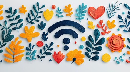 Colorful Floral Composition with WiFi Symbol made from Paper Cutouts and Natural Elements
