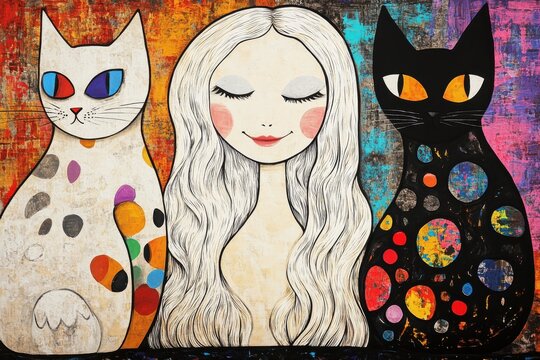 Colorful whimsical artwork featuring a serene woman surrounded by imaginative cats with vibrant patterns