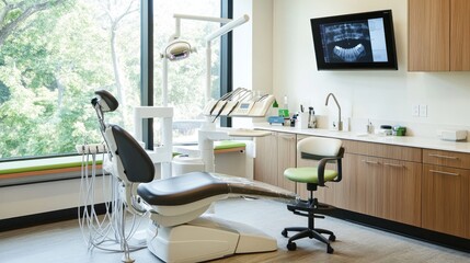 Modern dental office interior with equipment and view