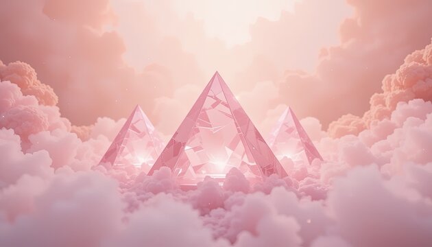 Pink Crystal Pyramids Floating Above Soft Clouds In The Sky