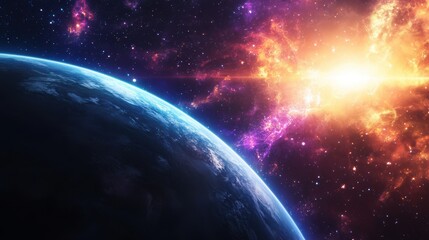 Stunning Cosmic Scene Featuring Planet Earth Against a Vibrant Galactic Background with Bright Colors and Stars in Deep Space