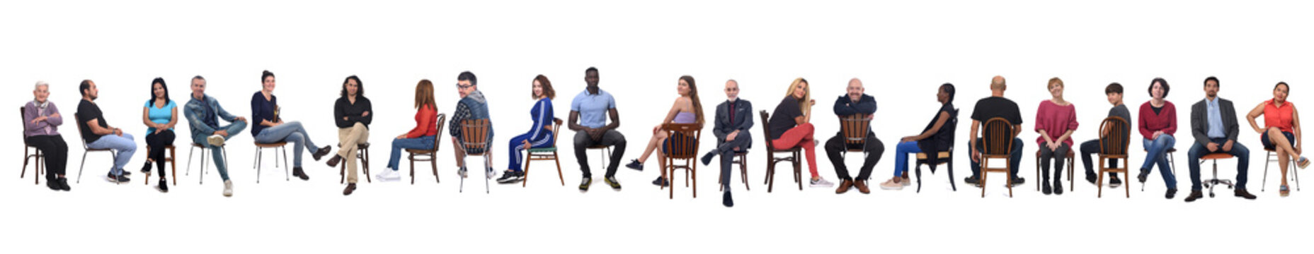 line of large group of people sitting in different ways on white background