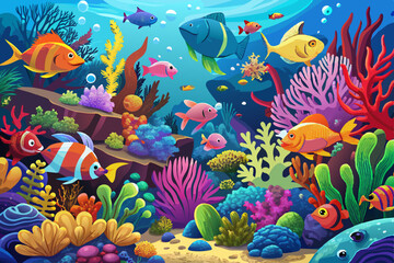 Obraz premium vector of Colorful coral reef teeming with diverse fish species. Vibrant underwater ecosystem alive with aquatic beauty
