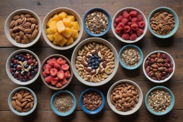 Assortment of Healthy Snacks and Toppings in Bowls on Wooden Surface