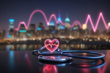 Stethoscope with Heartbeat in Cityscape at Night for Medical Concepts