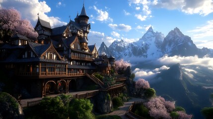 Fairytale Castle with Mountain Majesty, and Spring Bloom.