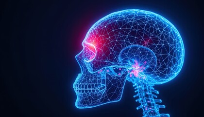 A scientific illustration of a glowing human skull and skeleton